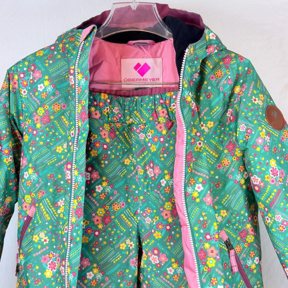 Obermeyer Girls Green Pink Floral I-Grow Snow Ski Suit Jacket Pants Size 8